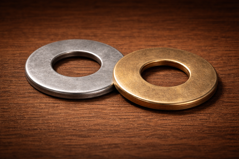 Two metal washers, one silver and one gold, on a wooden surface.