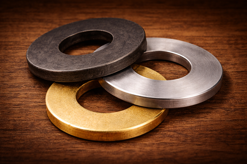 Three metal washers in black, gold, and silver on a wooden surface