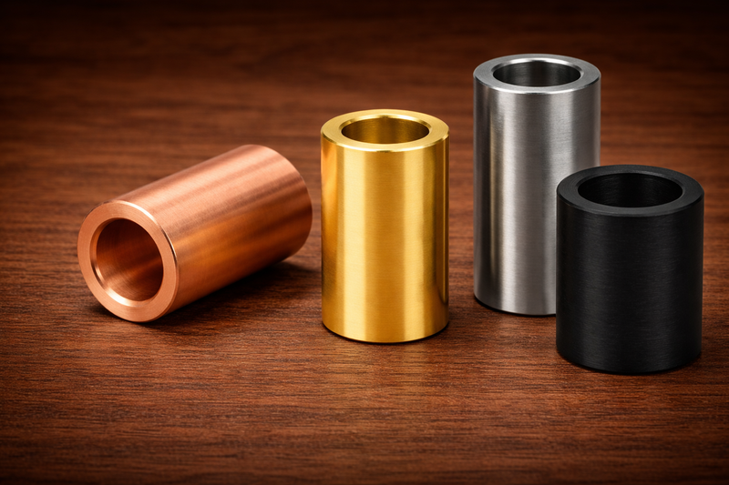 Four cylindrical metal objects in different colors (copper, gold, silver, black) on a wooden surface.