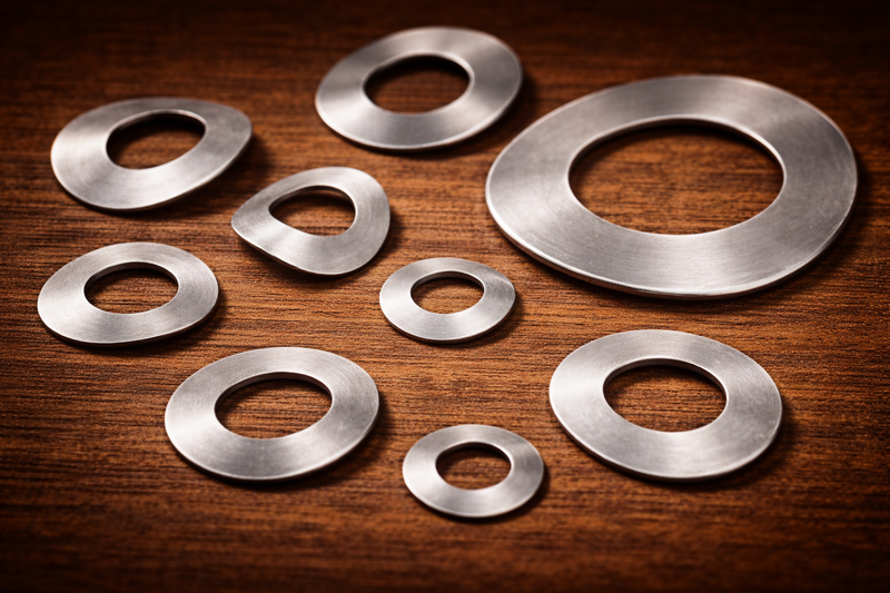 Set of spring washers on a wooden surface