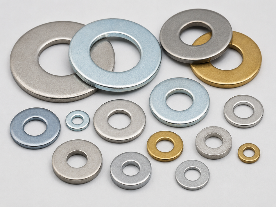 Collection of metal washers in various sizes and colors on a light gray background